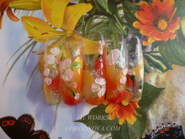 Acrylic design of nails. Florists. Flowers